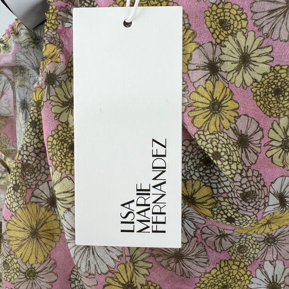 NWT LISA MARIE FERNANDEZ Pink Floral Puff Sleeve Square Neck Cotton Crop Top 2 - Picture 7 of 9